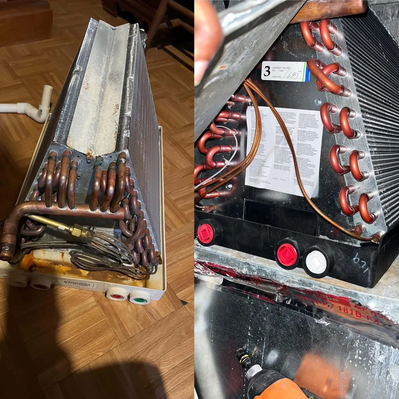 An old corroded evaporator coil next to a brand-new coil with a TXV