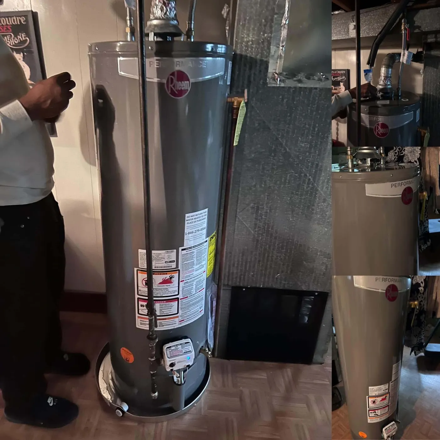 A new Rheem Performance gas water heater installed in a basement, shown from three angles