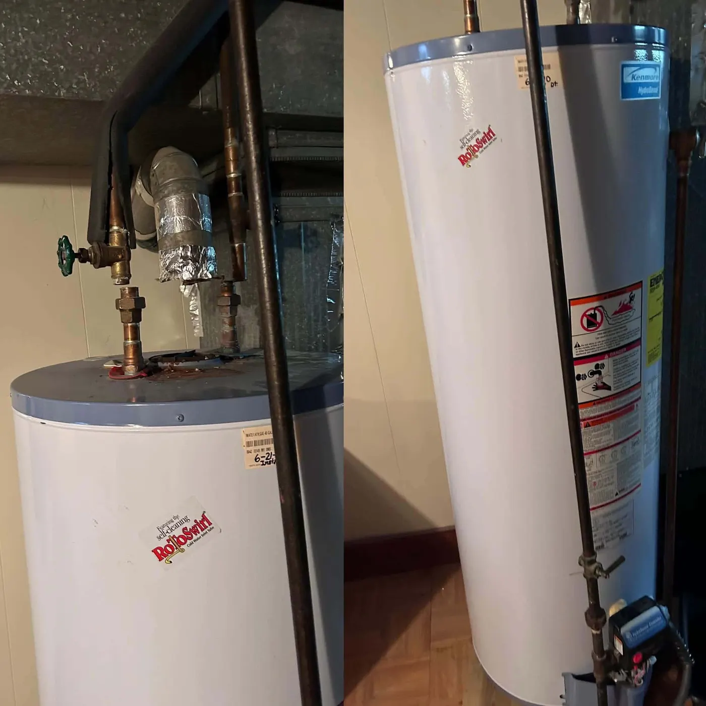 Before and after of a 40-gallon gas water heater replacement with new copper and a new gas drip leg